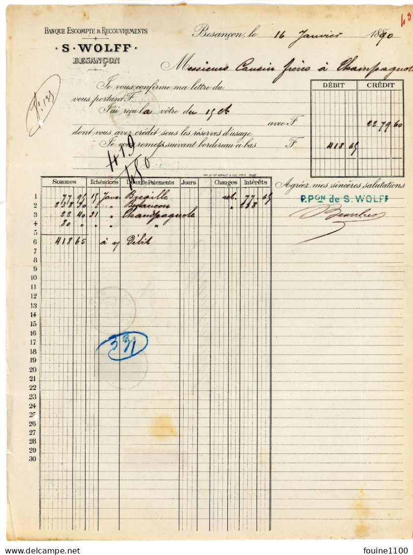 Courrier Facture An 1890 Banque S. WOLFF à BESANCON 25 Doubs Pour Banquier Cousin à CHAMPAGNOLE 39 JURA - 1876-1898 Sage (Type II)