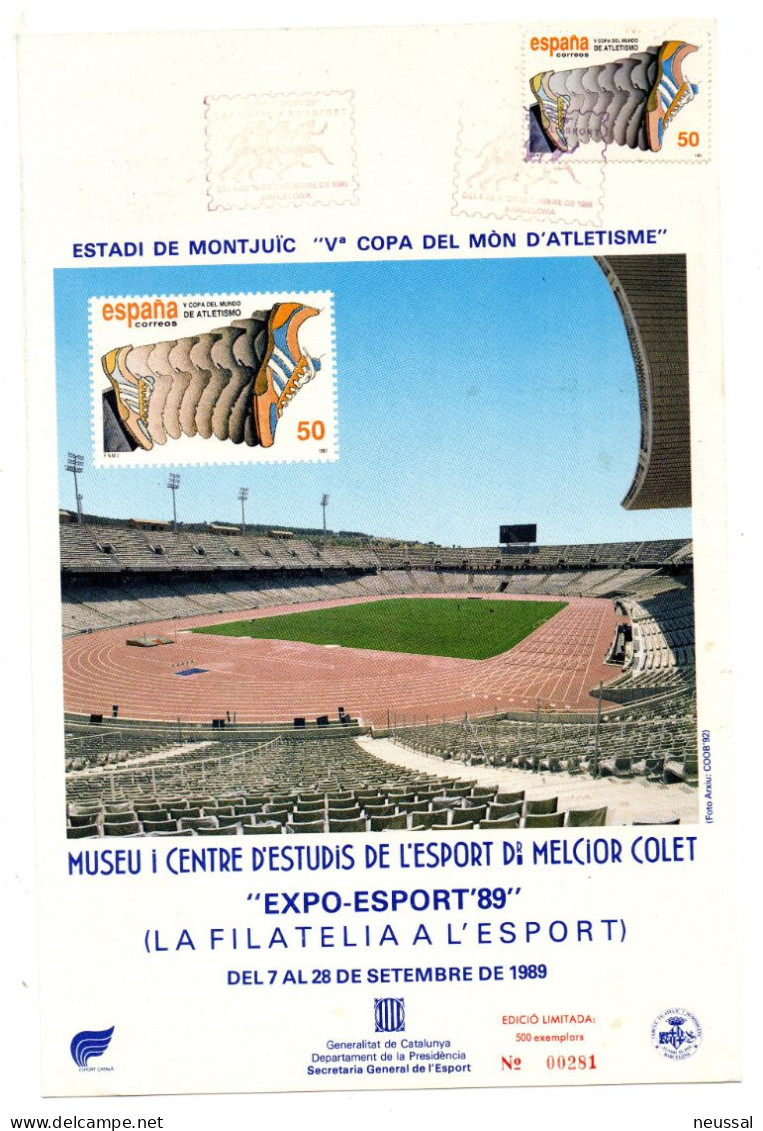 Tarjeta Con Matasellos Commemorativo De Estadi De Montjuic 1989 - Brieven En Documenten