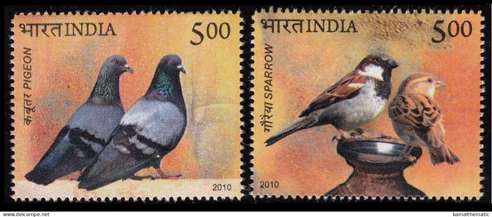 India 2010 MNH 2v, Birds, Pigeon, Sparrow - Tauben & Flughühner