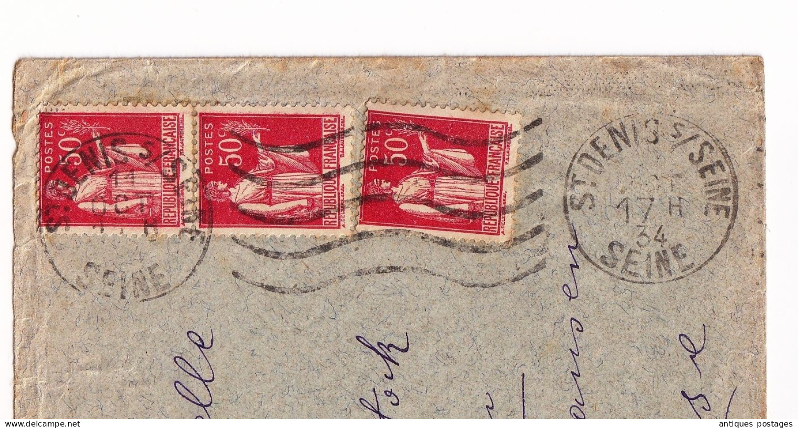 Lettre Saint Denis 1934 Seine Saint Denis Paire Type Paix 50 Centimes + 1 Schaffhausen Suisse - 1932-39 Peace