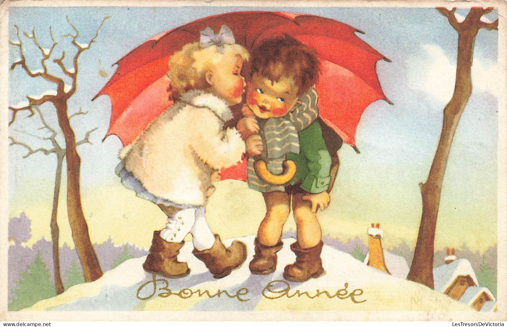 FETES ET VOEUX - Nouvel An - Un Baiser Sous Le Parapluie  - Colorisé - Carte Postale Ancienne - Nouvel An