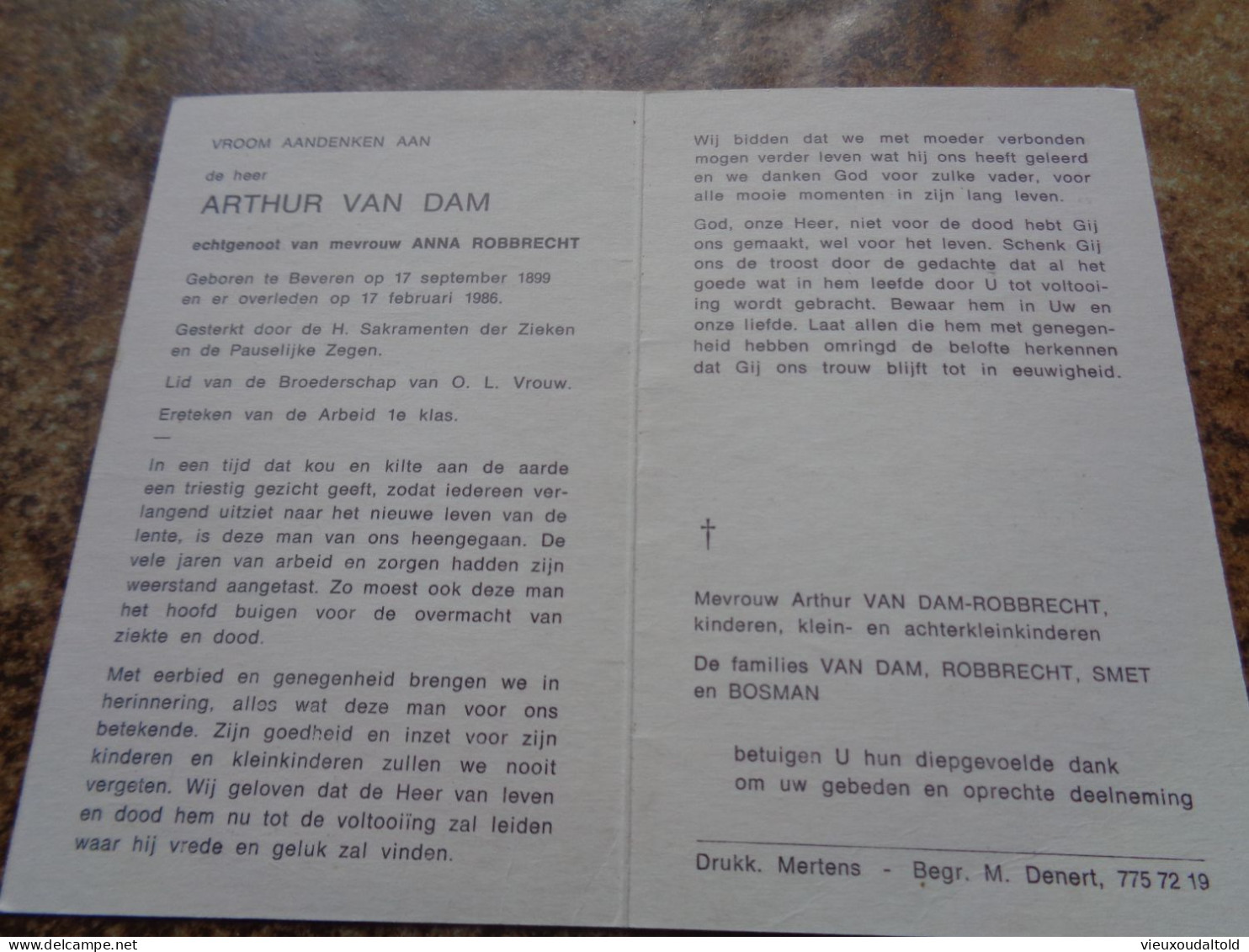 Doodsprentje/Bidprentje   ARTHUR VAN DAM   Beveren 1899-1986  (Echtg Anna ROBBRECHT) - Religion & Esotérisme