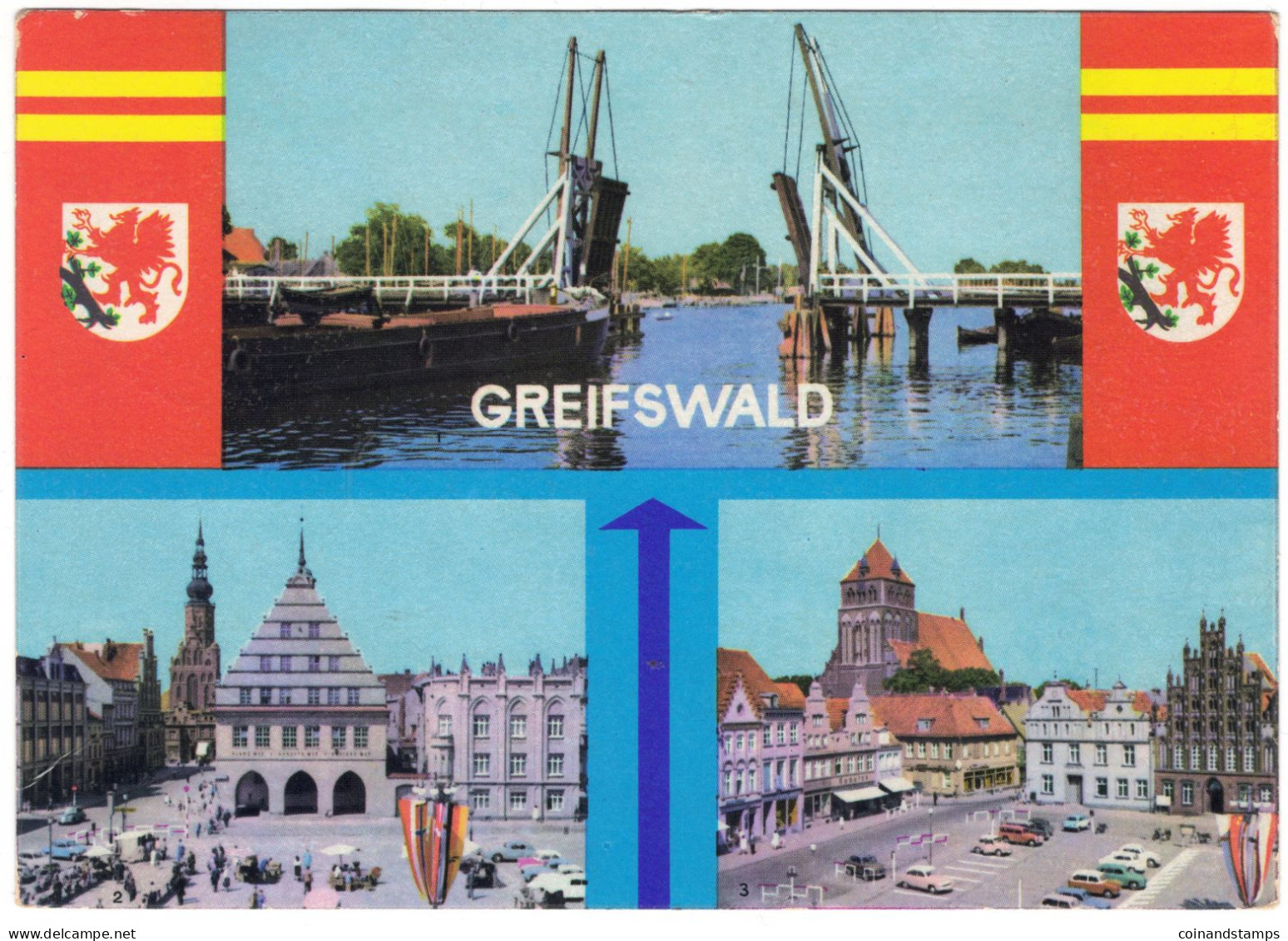 Postkarte Greifswald -Wiecker Brücke, Rathaus Usw., Farbig, 1965 Anlässlich 90 Geburtstag Albert Schweitzer Mi.-Nr.1064 - Greifswald