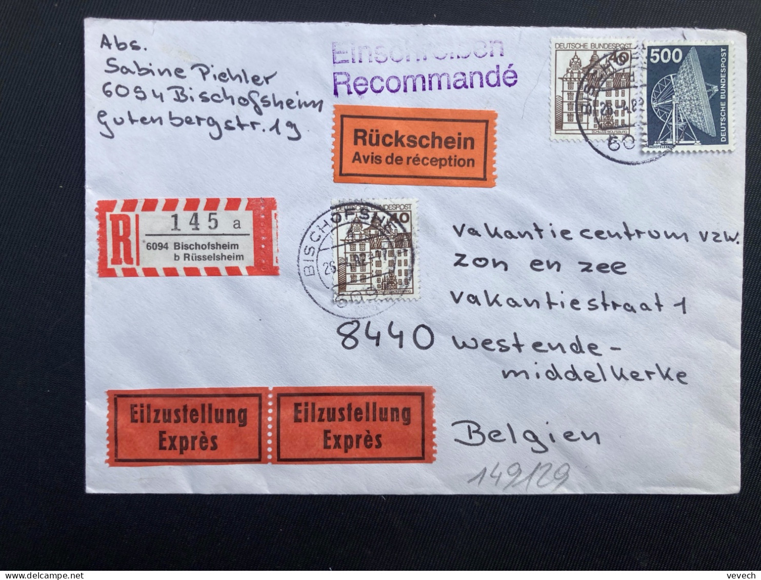 LR AR EXPRES Pour La BELGIQUE TP 500 + 40 X2 OBL.26 4 82 BISCHOFSHEIM - Storia Postale