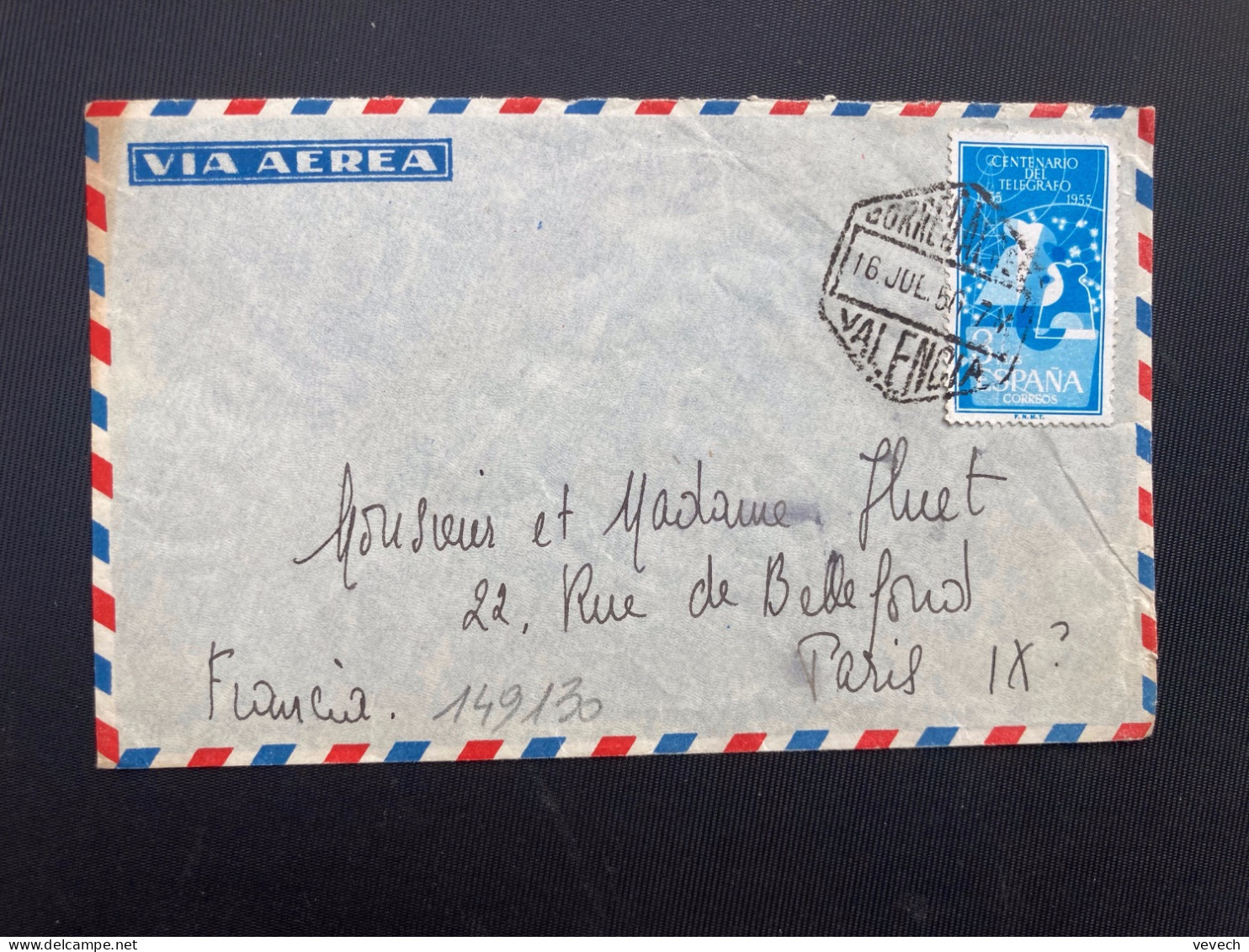 LETTRE Par Avion Pour La FRANCE TP TELEGRAFO 3p OBL. HEXAGONALE 16 JUL 56 CORREO AEREO VALENCIA - Storia Postale