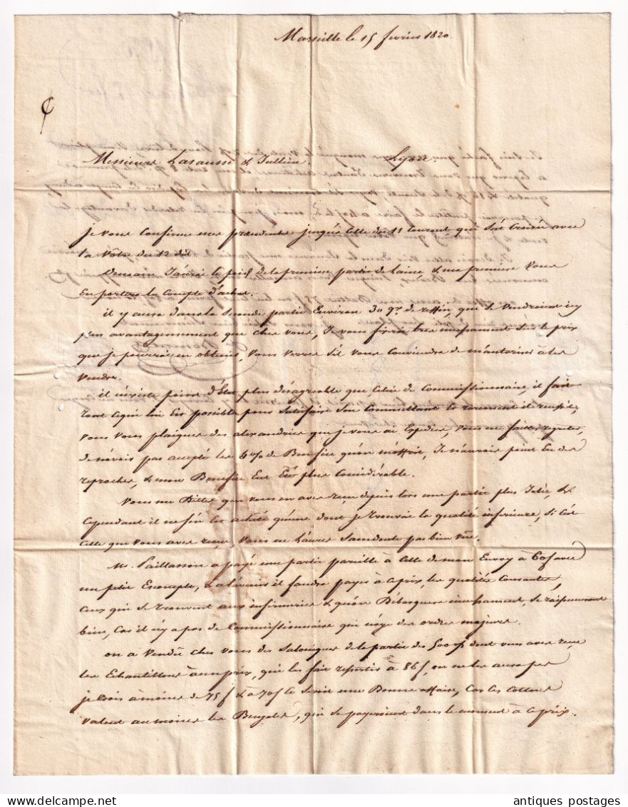 Lettre Marseille 1820 Bonnet Bouches Du Rhône Pour Lyon Lasausse Et Julien Laine Peaux Wool - 1801-1848: Voorlopers XIX