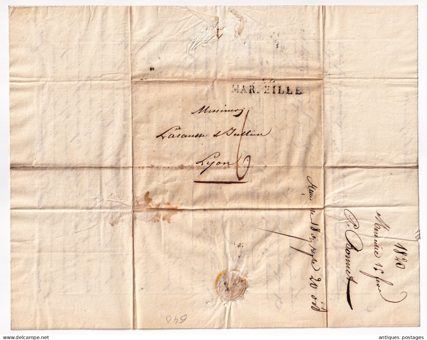 Lettre Marseille 1820 Bonnet Bouches du Rhône pour Lyon Lasausse et Julien Laine Peaux Wool