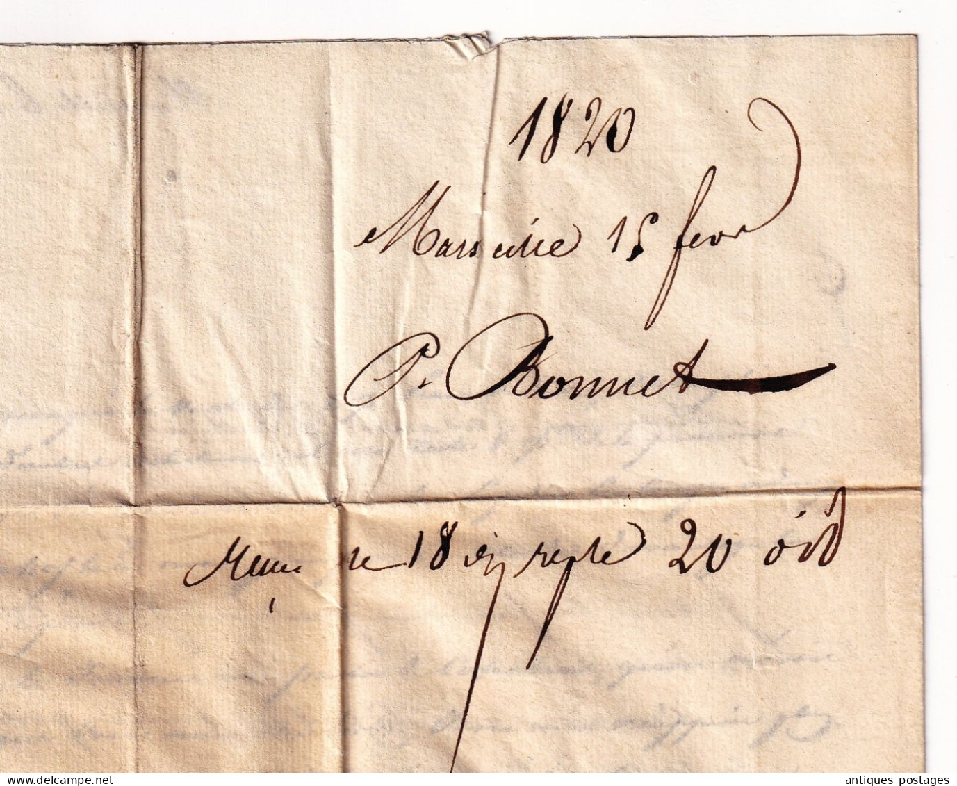 Lettre Marseille 1820 Bonnet Bouches du Rhône pour Lyon Lasausse et Julien Laine Peaux Wool