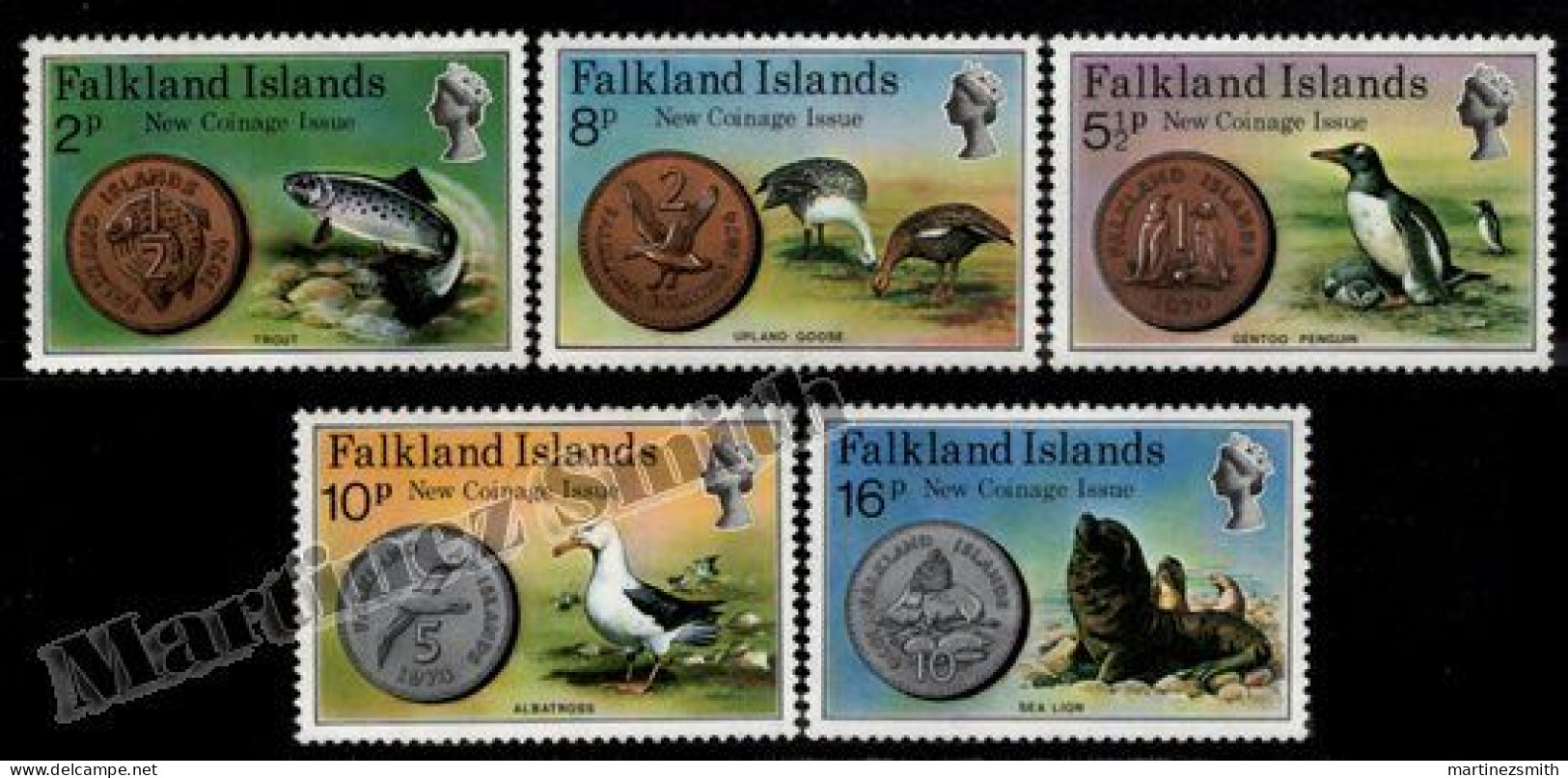 Falkland Islands 1975 Yvert 239-43, New Coins, Fauna, Coins On Stamps  - MNH - Falkland