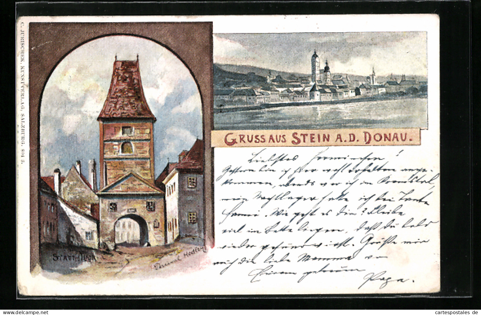 Lithographie Stein A. D. Donau, Stadt-Tor, Teilansicht  - Sonstige & Ohne Zuordnung