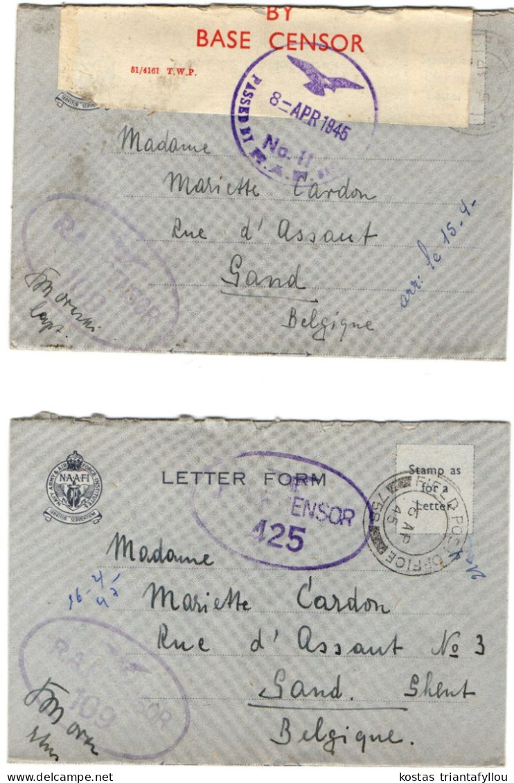 1,82-85 U.K. G.B., WW II, R.A.F. CENSOR NO 109, 1945, FOUR LETTERS TO BELGIUM, - Briefe U. Dokumente