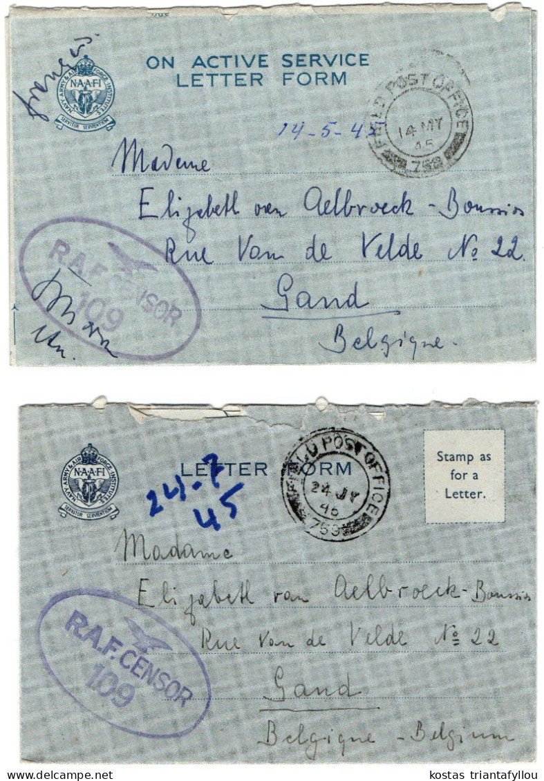 1,82-85 U.K. G.B., WW II, R.A.F. CENSOR NO 109, 1945, FOUR LETTERS TO BELGIUM, - Storia Postale
