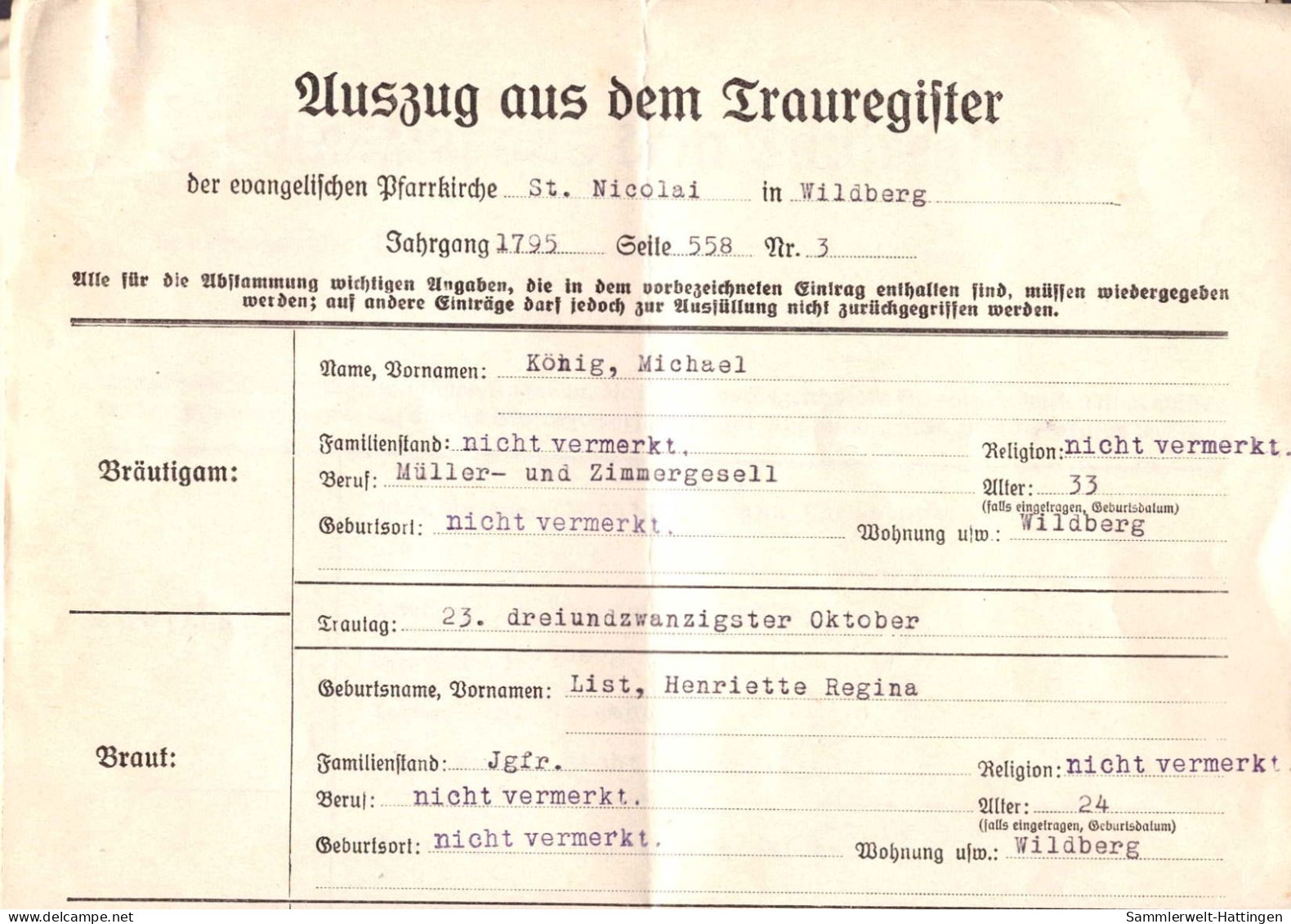 604236 | Briief, Ahnenforschung Mit Kirchensiegel Der Gemeinde  | Wildberg (O - 1901), Neuruppin (O - 1950), - - Briefe U. Dokumente
