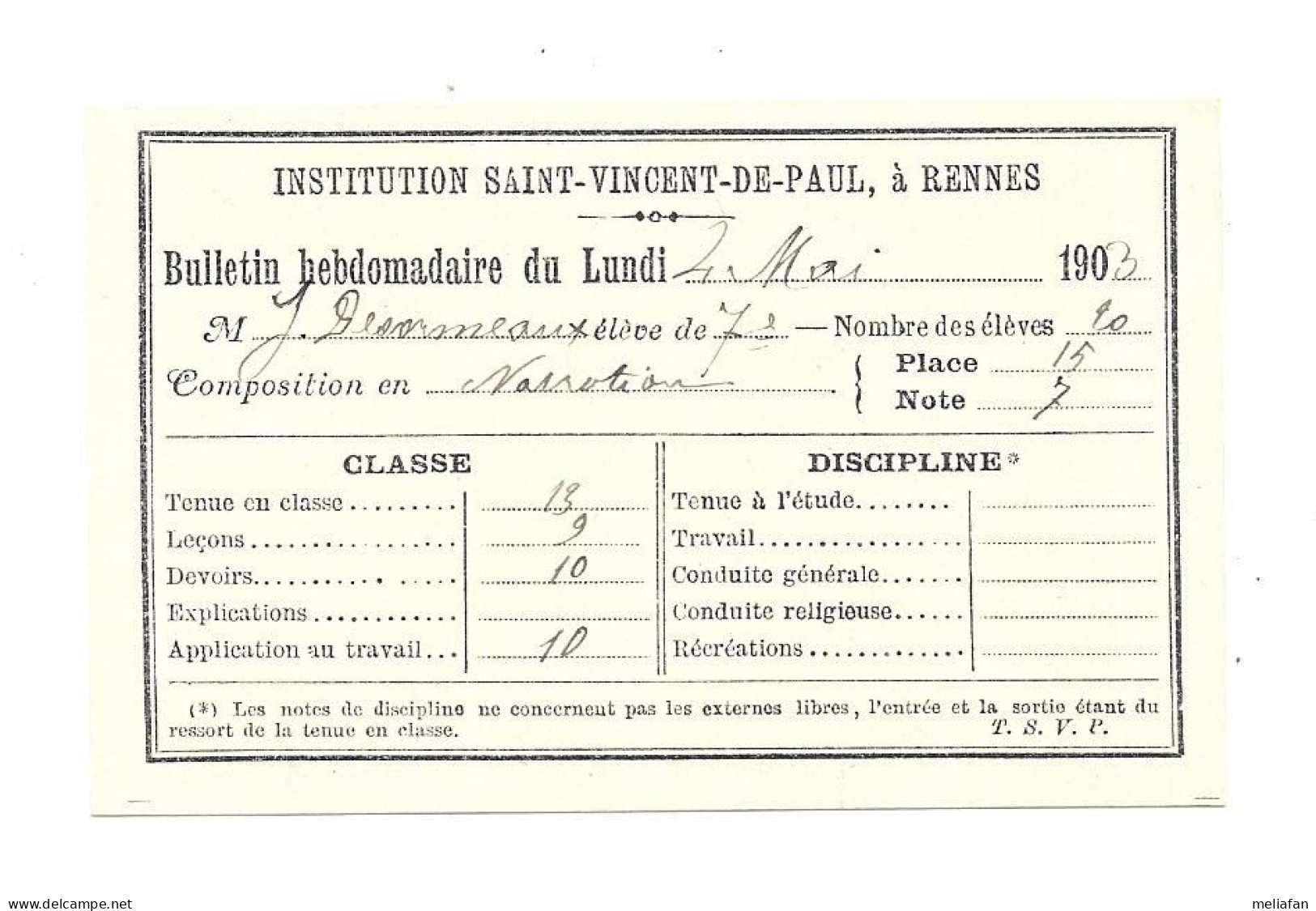 KB2102 - BULLETIN HEBDOMADAIRE INSTITUT SAINT VINCENT DE PAUL RENNES 1903 - DESORMEAUX - Diplômes & Bulletins Scolaires