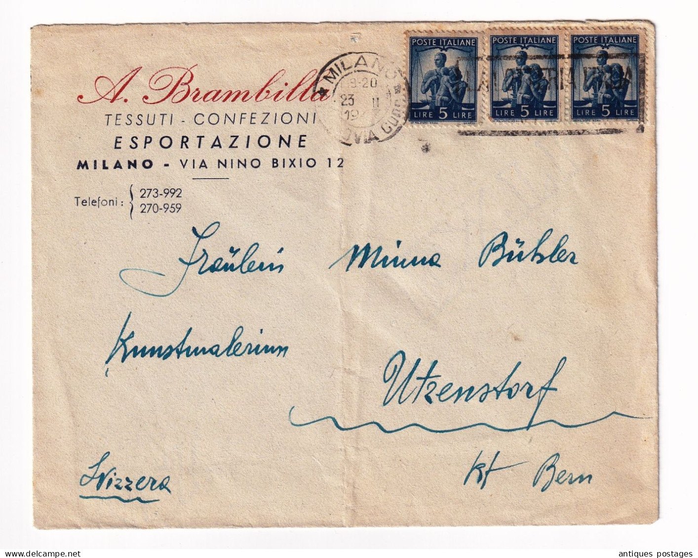 Francobollo Repubblica POSTE ITALIANE 5 LIRE Milano Italia Brambilla Tessuti Confezioni Svizerra Suisse Tissus - 1946-60: Afgestempeld