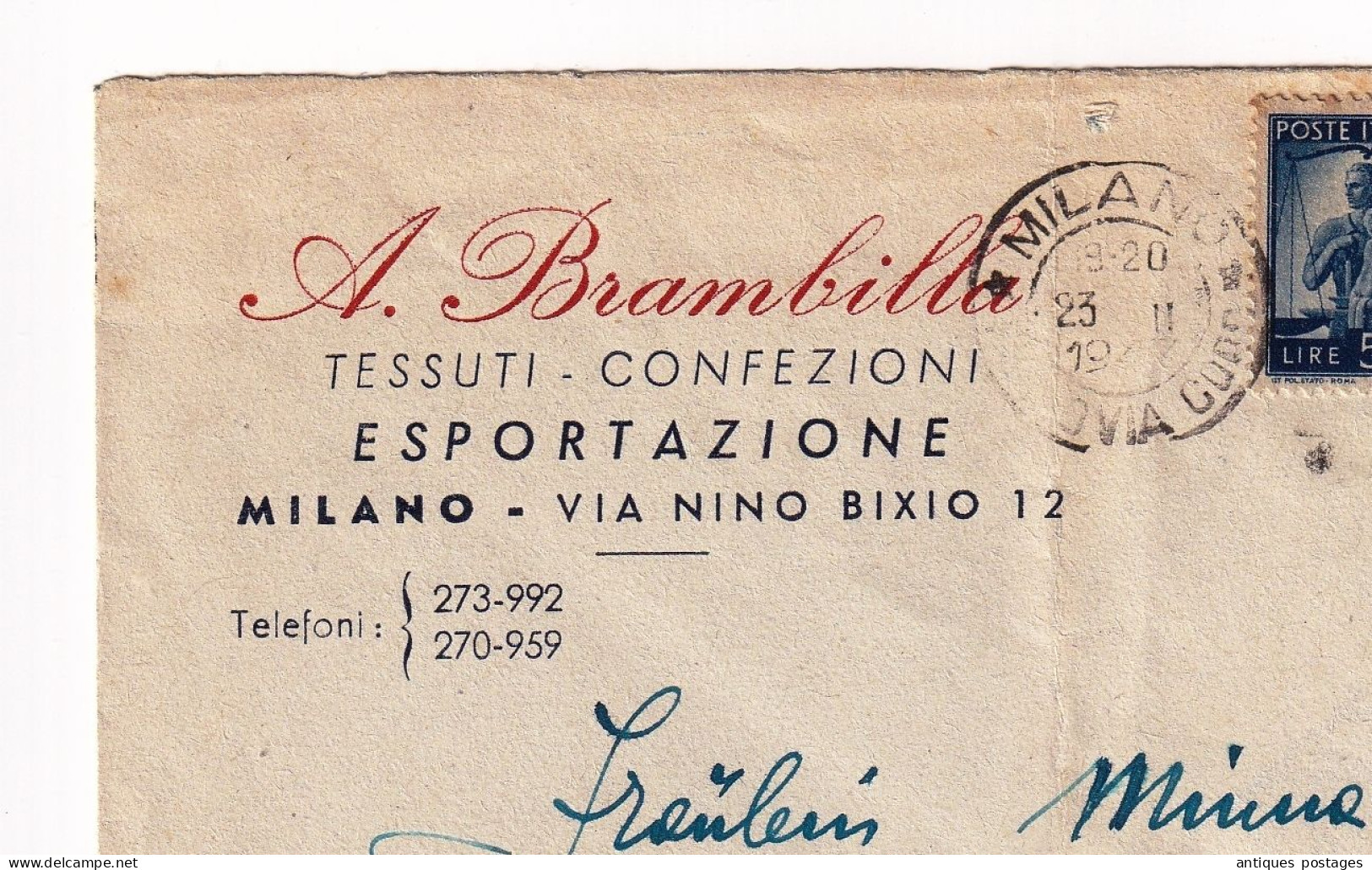 Francobollo Repubblica POSTE ITALIANE 5 LIRE Milano Italia Brambilla Tessuti Confezioni Svizerra Suisse Tissus - 1946-60: Gebraucht