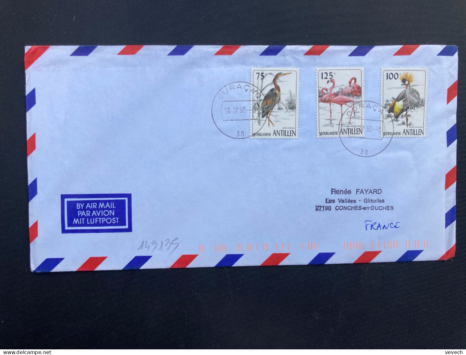 LETTRE Par Avion Pour La FRANCE TP BALEARICA  100c + FLAMANDS ROSES 125c + ARDEA PURPUREA 75c OBL.16 IV 98 CURACAO - Niederländische Antillen, Curaçao, Aruba