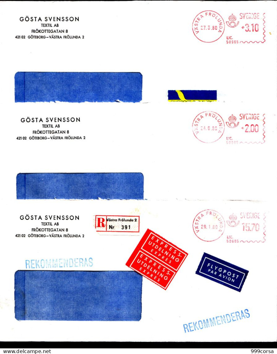 Svezia, Gosta Svensson Textil AB, Vastra Frolunda, 5 Tariffe, Tessili,a.m.,ema,meter,freistempel (abcDZ) (7 Buste,3 Scan - Viñetas De Franqueo [ATM]