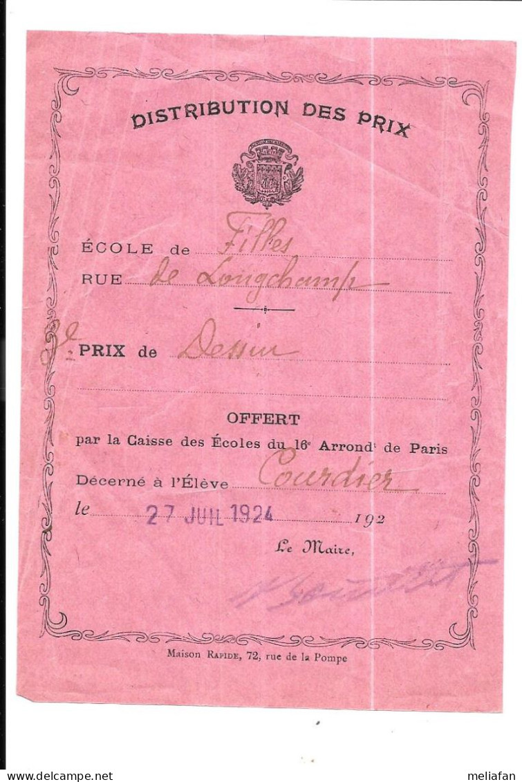 KB2103 - DISTRIBUTION DE PRIX ECOLE DES FILLES DE LONGCHAMP - PARIS 1924 - COURDIER - Diplômes & Bulletins Scolaires