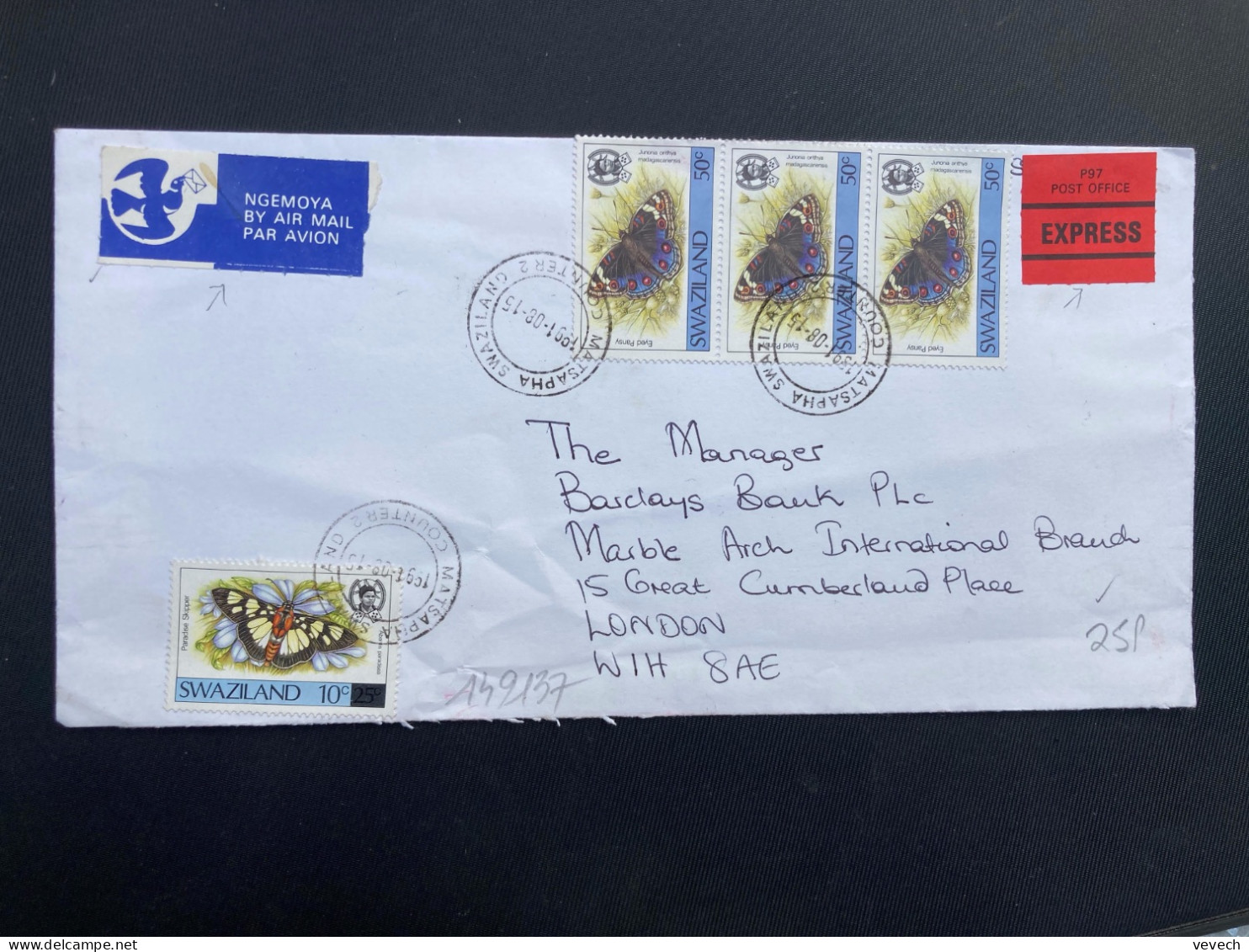 LETTRE EXPRES Par Avion Pour ANGLETERRE TP PAPILLON 50c Bande De 3 + 10c OBL.1991 08 15 MATSAPHA - Swaziland (1968-...)