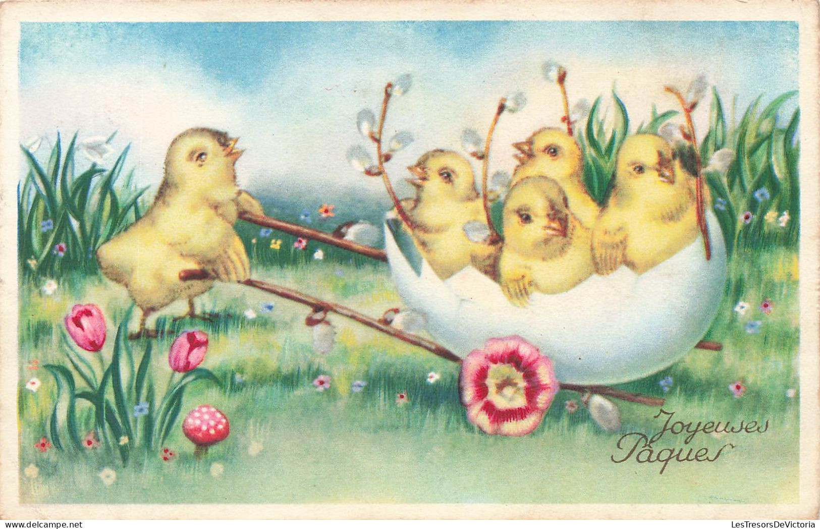 FETES ET VOEUX - Pâques - Des Poussins Jouant Dans Le Jardin - Colorisé - Carte Postale Ancienne - Pâques