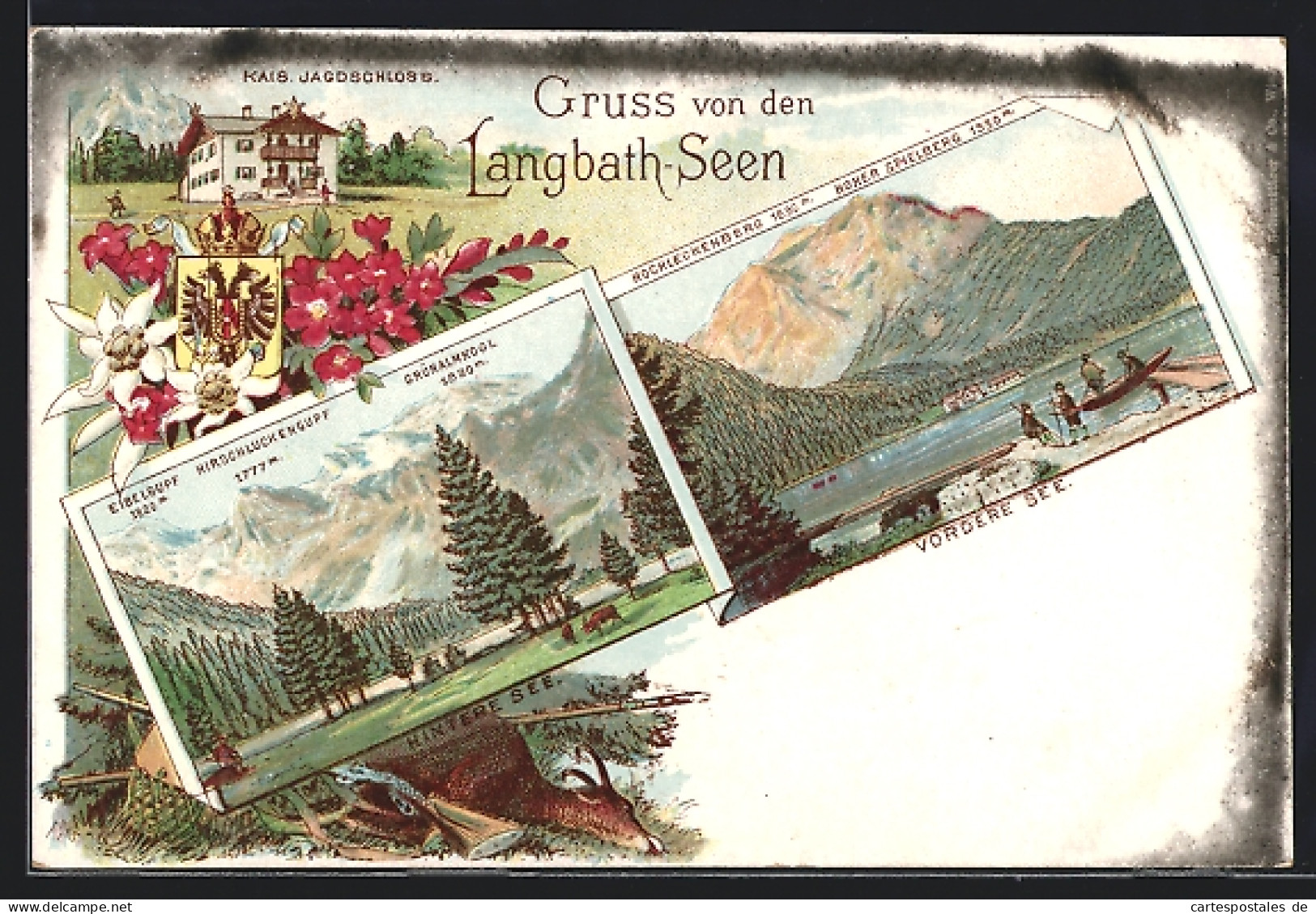 Lithographie Ebensee, Kaiserl. Jagdschloss, Hinterer U. Vorderer See D. Langbath-Seen, Wappen  - Autres & Non Classés