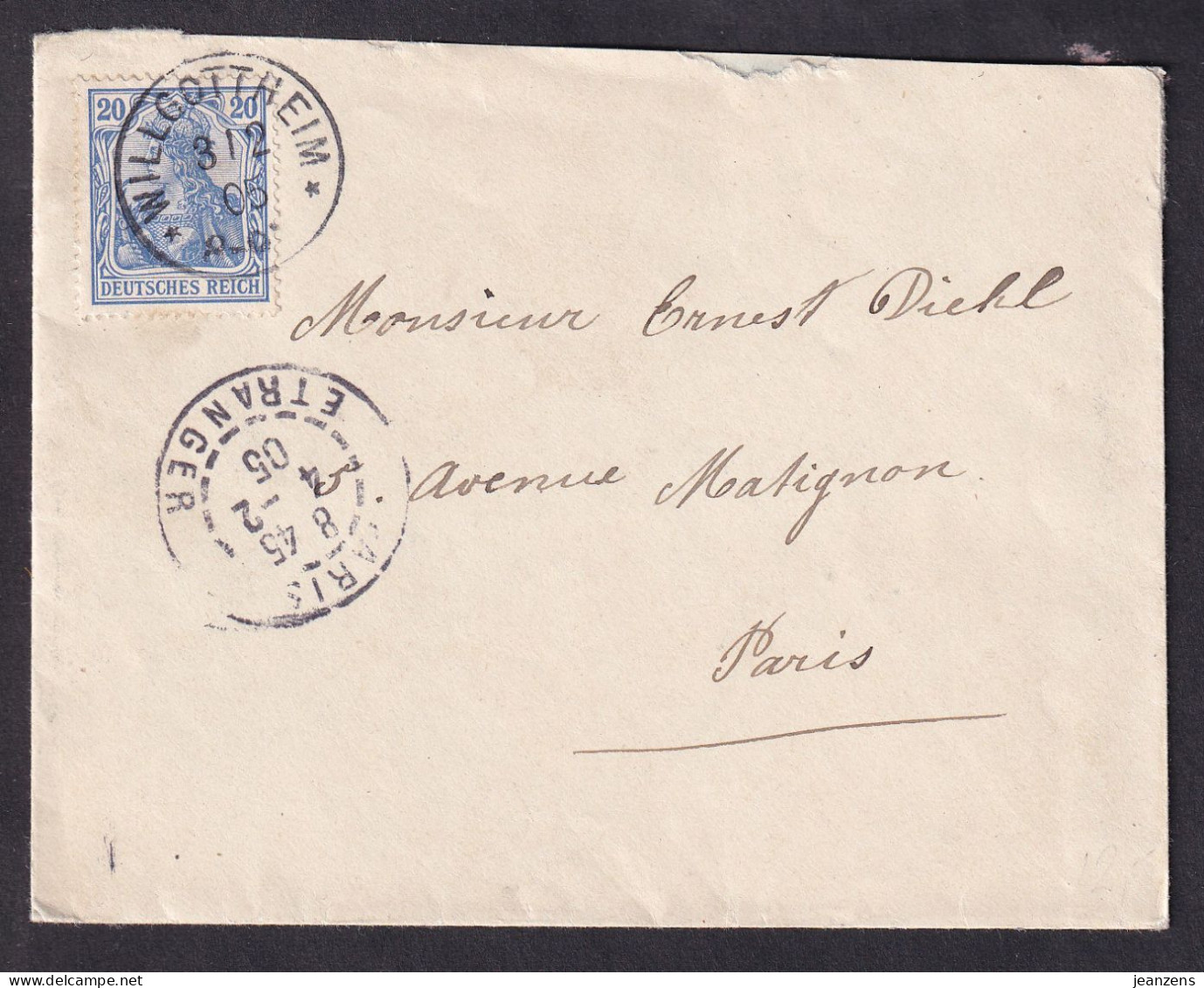 Lettre Aff 20 Pf Germania Obl Willgottheim 03.02.1905 Pour Paris - Briefe U. Dokumente