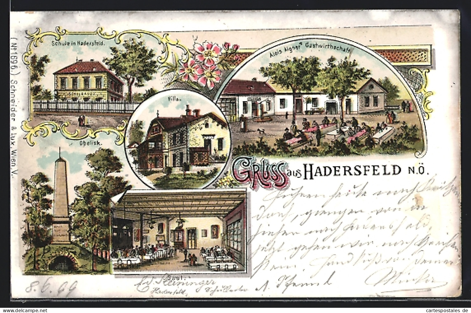 Lithographie Hadersfeld /N. Ö., Gasthaus Alois Aigner Mit Saal, Schule, Obelisk  - Other & Unclassified