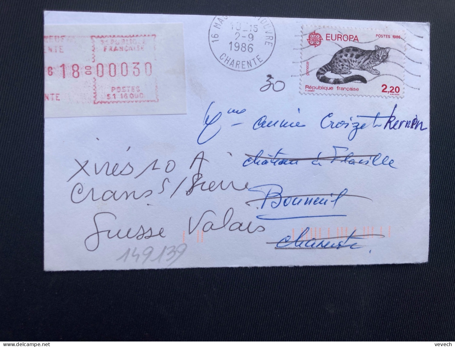 LETTRE TP EUROPA GENETTE 2,20 OBL.MEC.2-9 1986 + REEXPEDITION Pour La SUISSE VGNETTE S1 à 00030 Du 03 09 86 CHATEAUNEUF - Posttarife