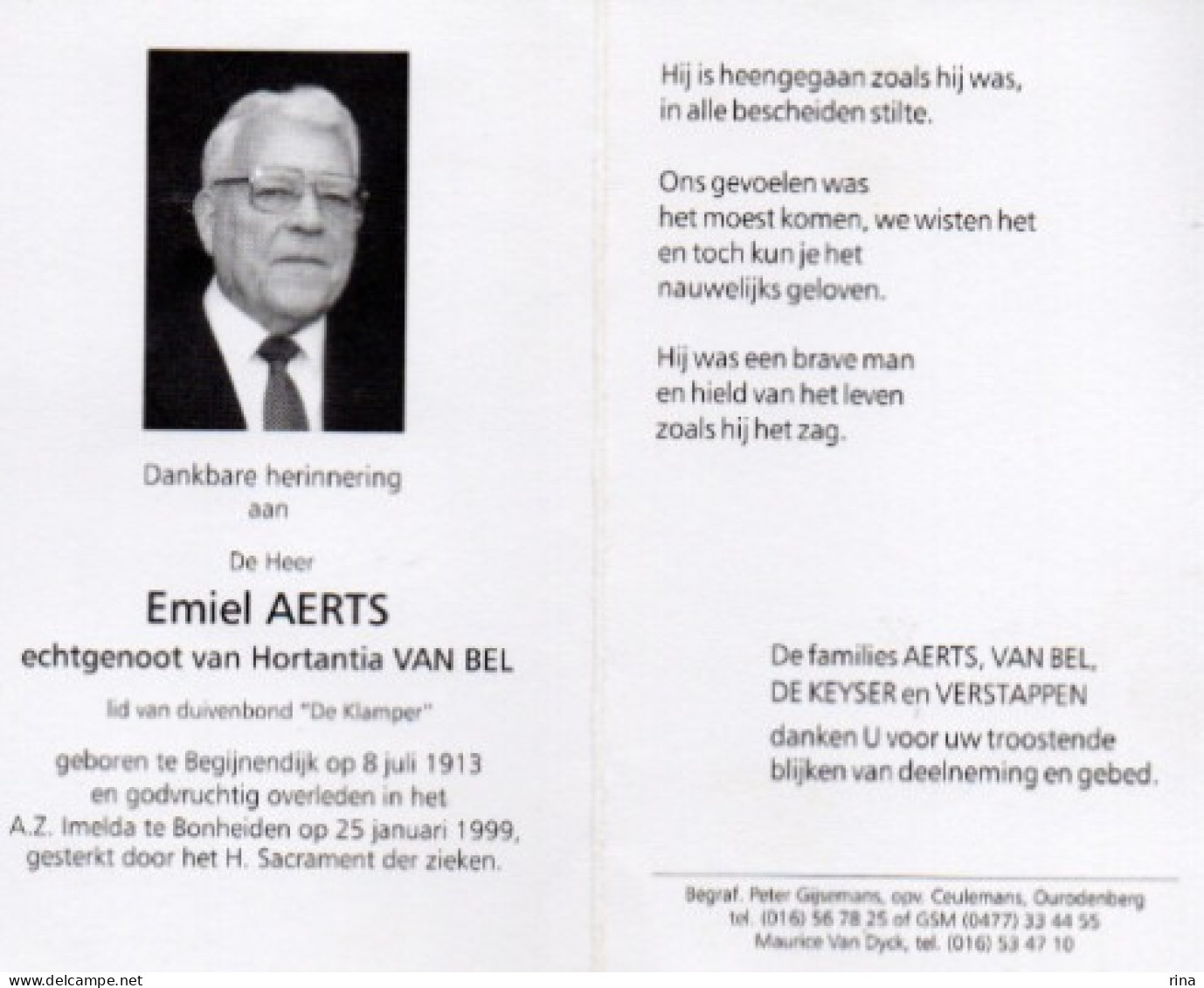 Emiel Aerts Geb Te Begijnendijk Op 8 Juli 1913 Overl Te Bonheiden Op 25 Jan 1999 - Andere & Zonder Classificatie