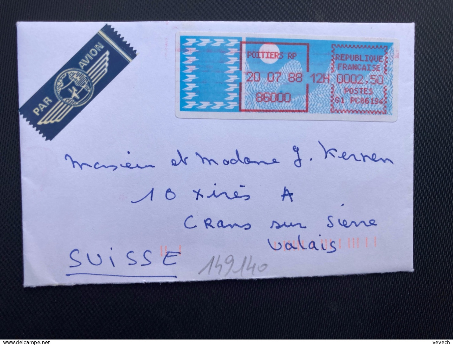 LETTRE Par Avion Pour La SUISSE VIGNETTE G1 à 0002,50 Du 20 07 88 POITIERS RP - Posttarieven