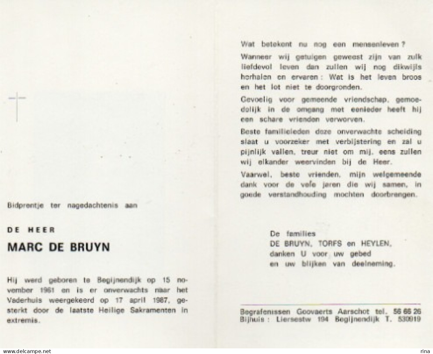 Marc De Bruyn Geb Te Begijnendijk Op 15 Nov 1961 Overl Op 17 April 1987 - Other & Unclassified