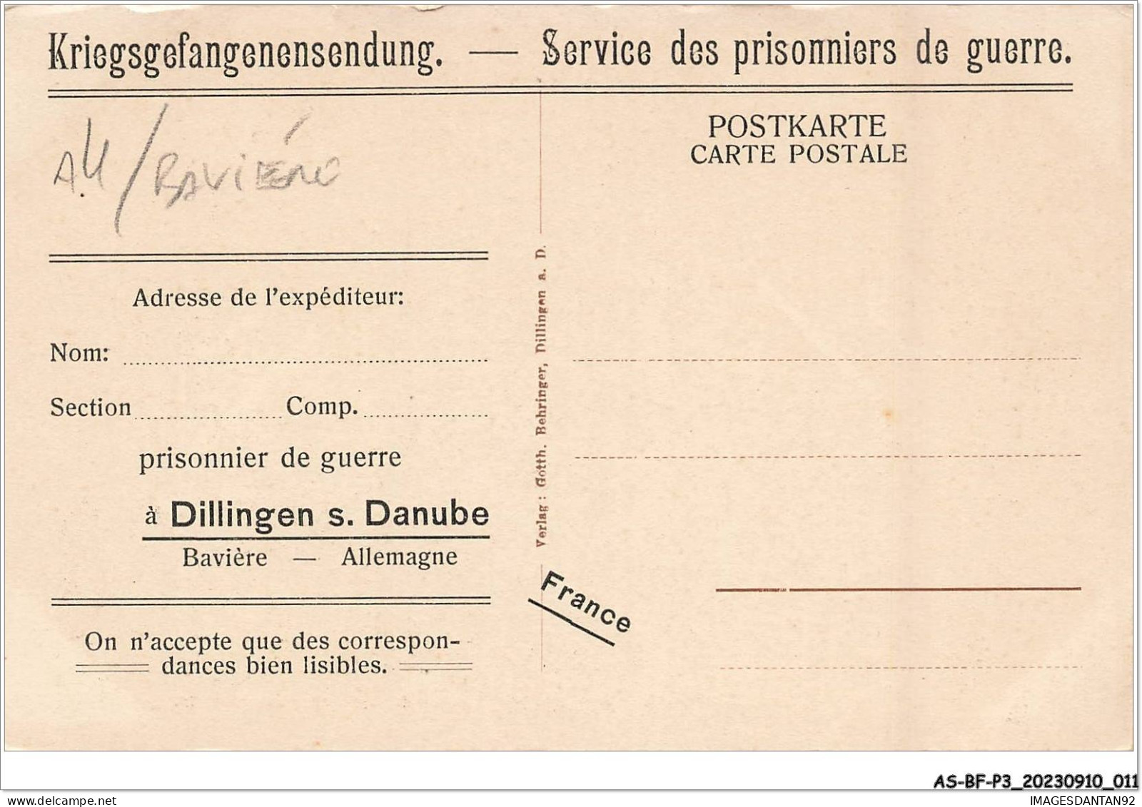 AS#BFP3-0972 - Allemagne - DILLINGEN S. Danube - Service Des Prisonniers De Guerre - Dillingen