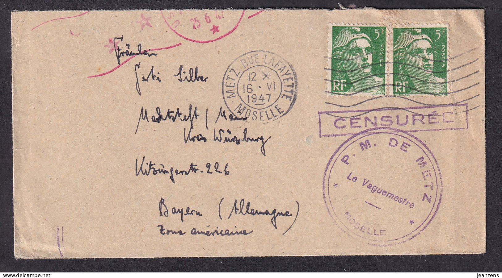 Lettre Aff 2x 5f Marianne De Gandon Obl Metz 16.06.1947 -> Allemagne Zensur/Censure Prison Militaire Metz + US - Guerra Del 1939-45