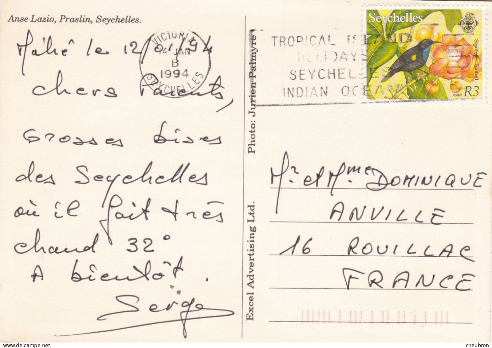 SEYCHELLES. MAHE (ENVOYE DE ); PRASLIN ; ANSE LAZIO.  ANNEE 1994 + TEXTE + TIMBRE - Seychelles