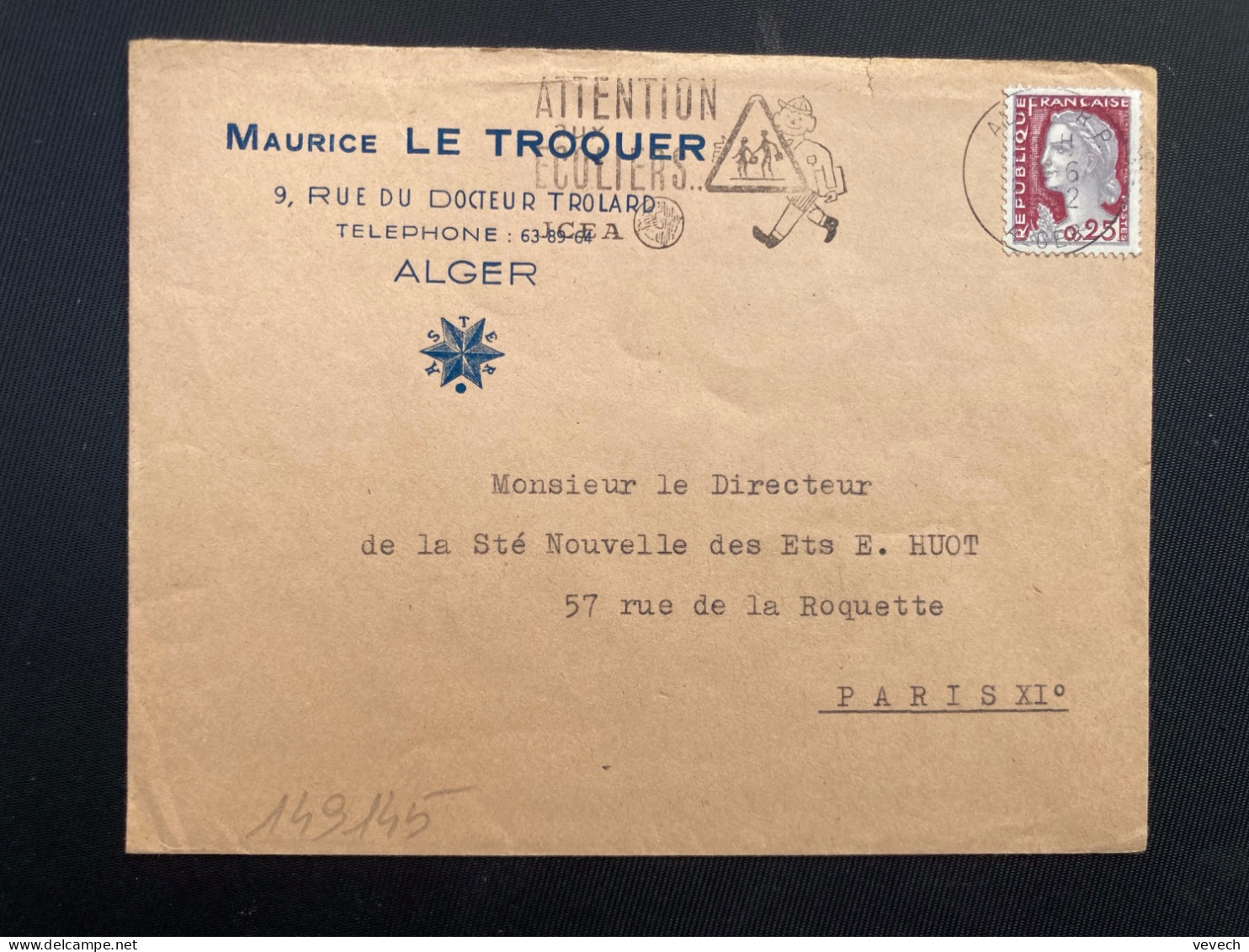 LETTRE MAURICE LE TROQUER TP M DE DECARIS 0,25 OBL.MEC.23-6 1962 ALGER RP - Altri & Non Classificati