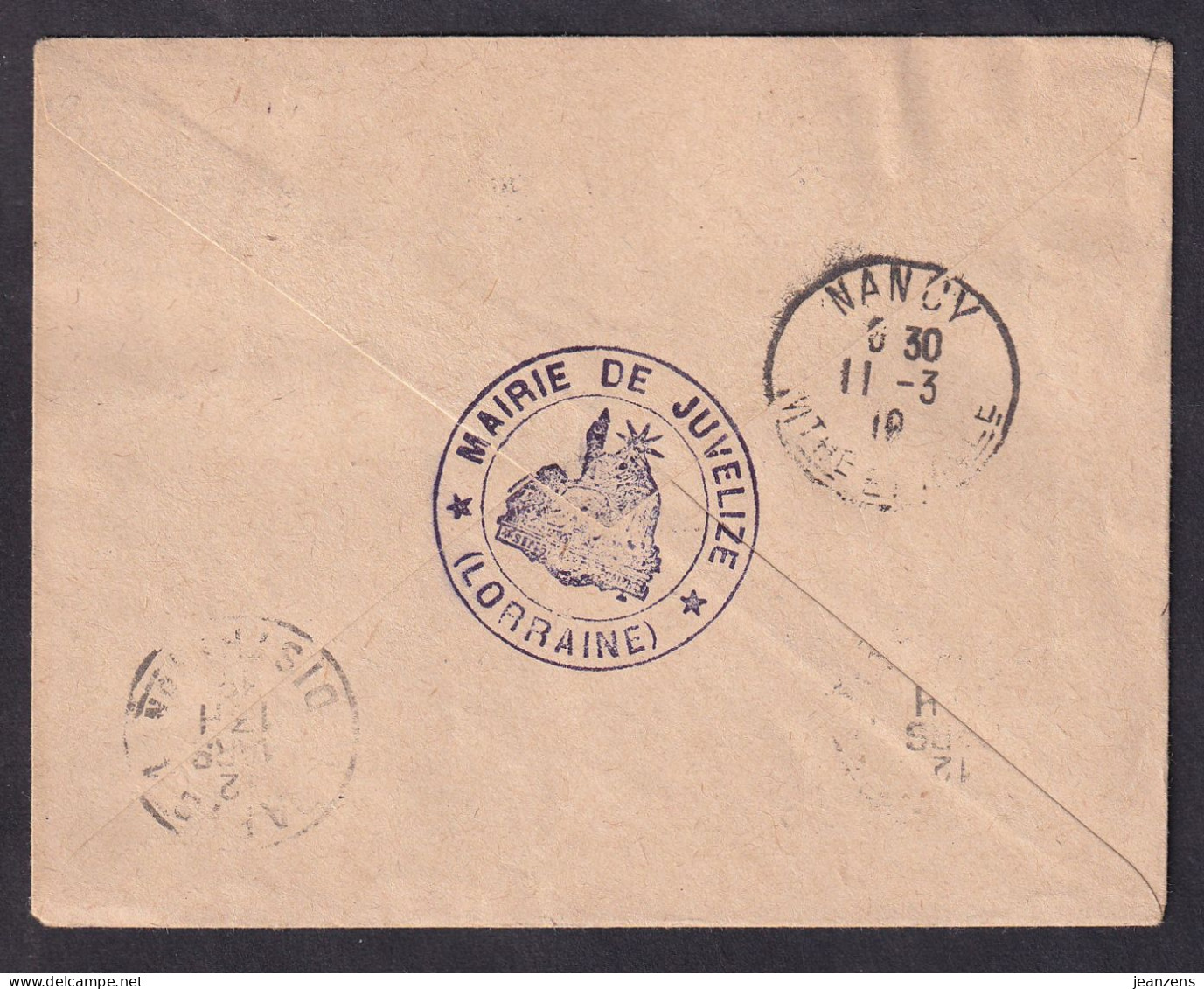 Lettre Aff 15c Semeuse Obl. Litzinge (Lothr) 09.03.1919 Au Verso Cachet Mairie De Juvelize + Arrivée - Brieven En Documenten