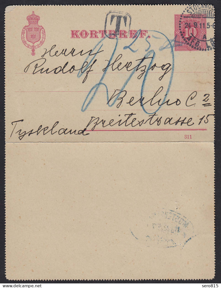 Schweden - Sweden 1911 KORTBREV M.Nach-Taxe Stockholm-Berlin  (17613 - Andere-Europa