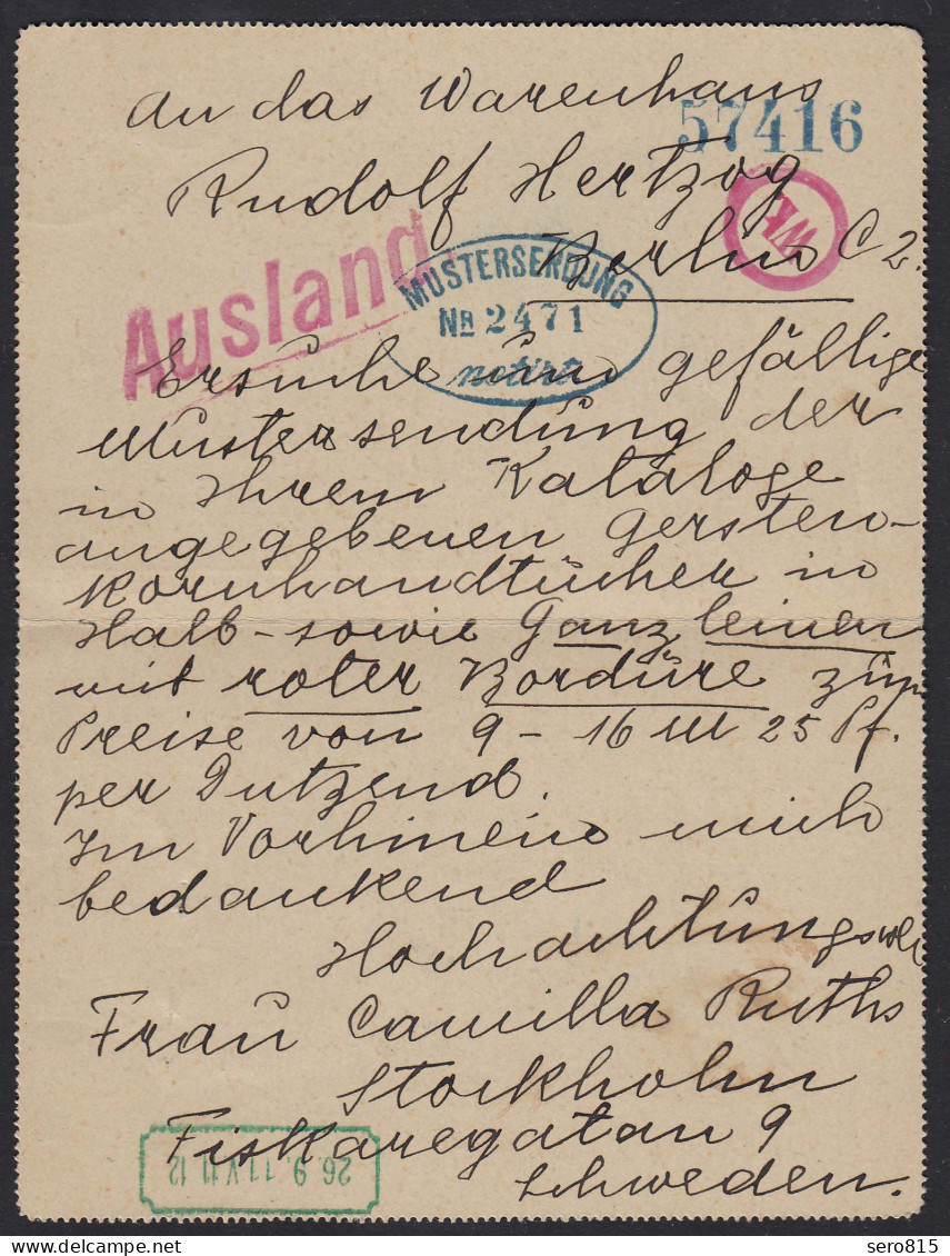 Schweden - Sweden 1911 KORTBREV M.Nach-Taxe Stockholm-Berlin  (17613 - Andere-Europa