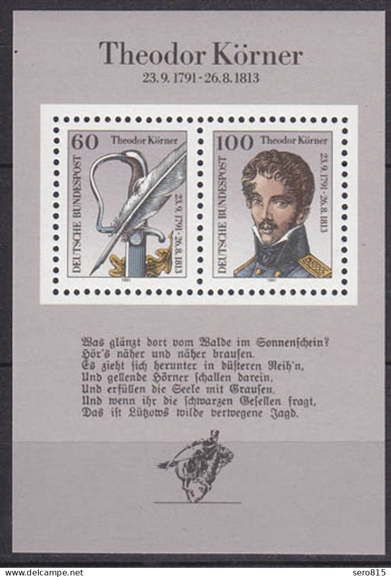 Bund BRD Theodor Körner MiNr. Bl. 25 Aus 1991 ** Postfrisch  (5485 - Sonstige & Ohne Zuordnung