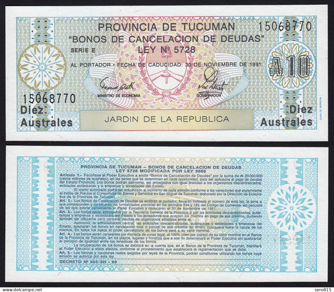 Argentinien - Argentina 10 Australs Banknote,1991, Pick S2713b UNC (1)  (16112 - Autres - Amérique