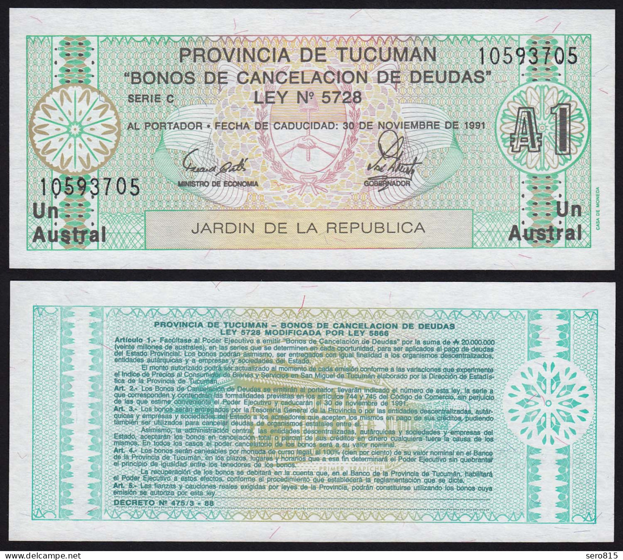 Argentinien - Argentina 1 Australs Banknote,1991, Pick S2711b UNC (1)  (16111 - Otros – América