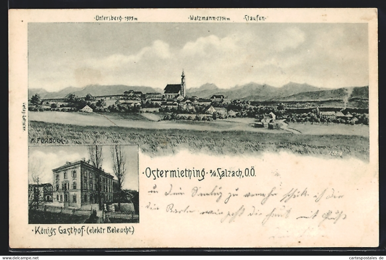 Künstler-AK Ostermiething A. Salzach, Königs Gasthof, Gesamtansicht Mit Untersberg U. Watzmann  - Autres & Non Classés