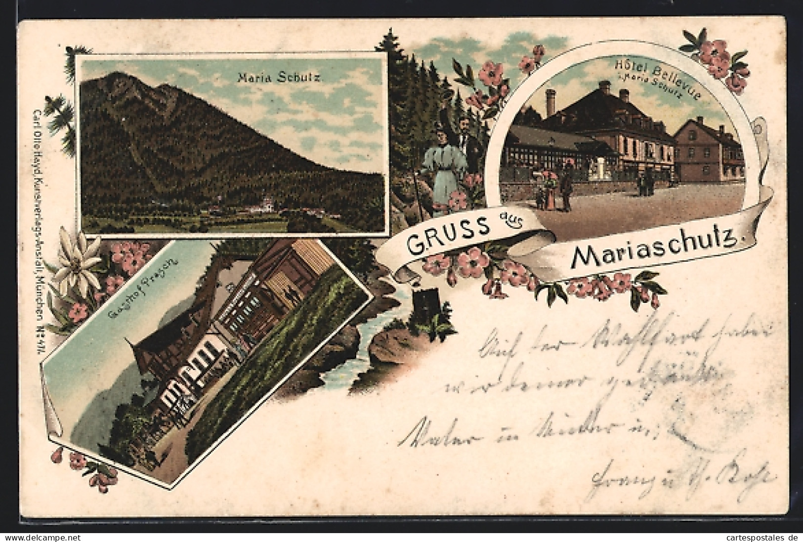 Lithographie Mariaschutz, Gasthof Prasch, Hotel Bellevue, Ortsansicht  - Sonstige & Ohne Zuordnung