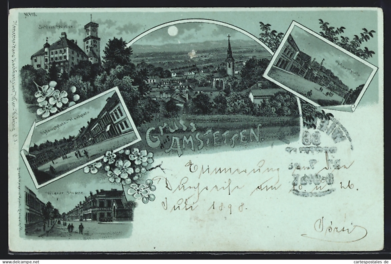 Mondschein-Lithographie Amstetten, Schloss Wallse, Hauptplatz, Wiener Strasse  - Autres & Non Classés
