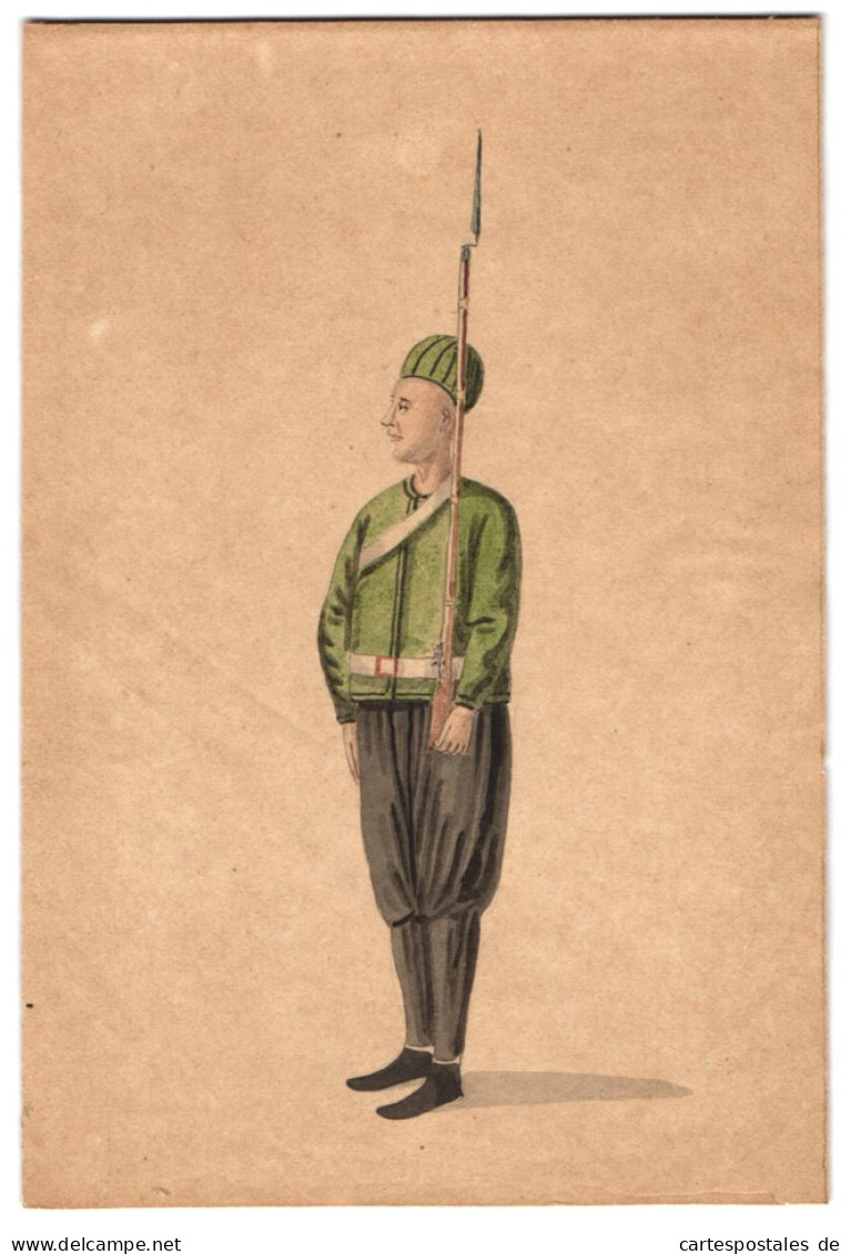 Handzeichnung Türkischer / Osmanischer Soldat In Grüner Uniform Mit Geschultertem Gewehr  - Disegni