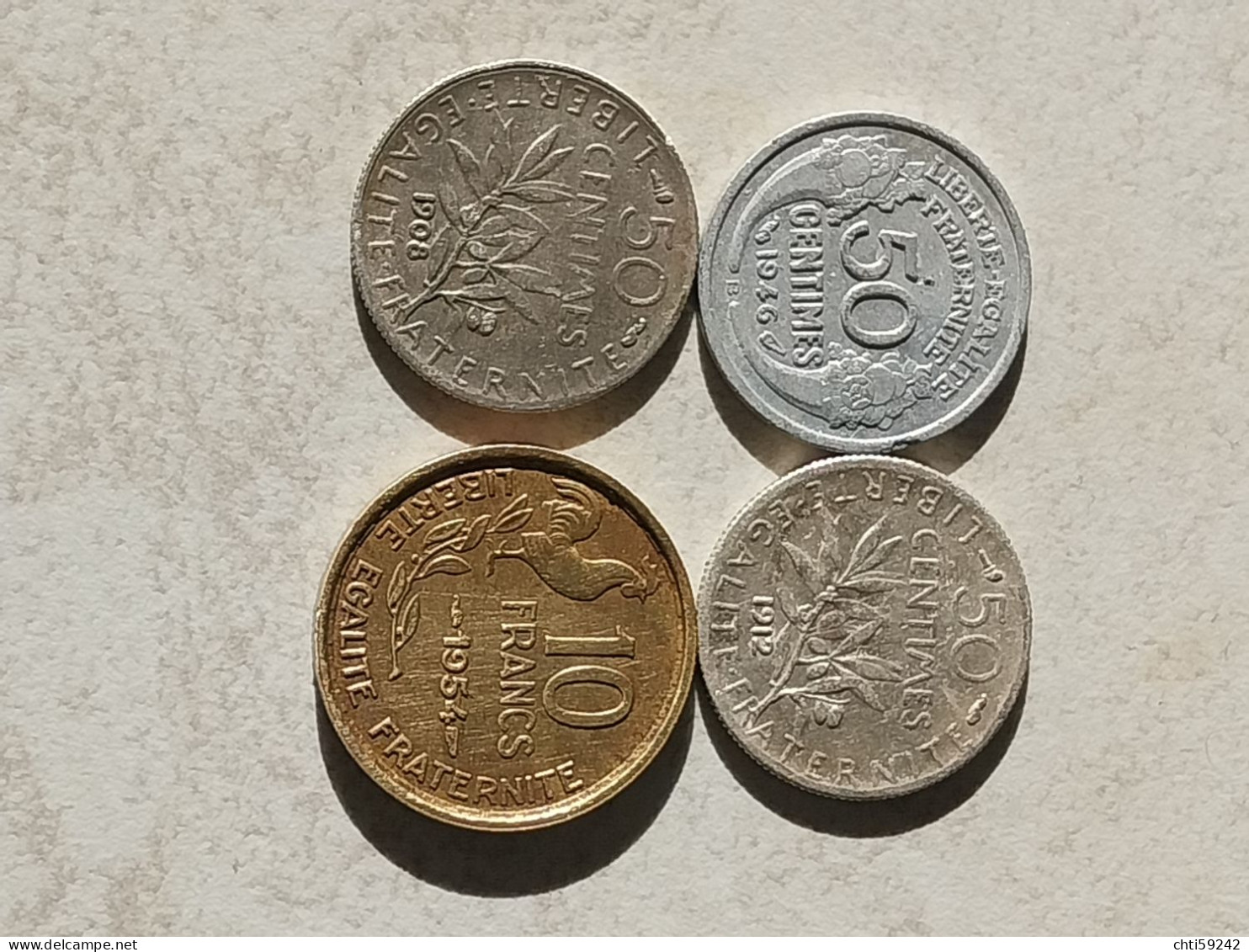 4 Pieces Francaises Trois 50cts 1946 1942 1908 10 Francs 1954 - Other & Unclassified