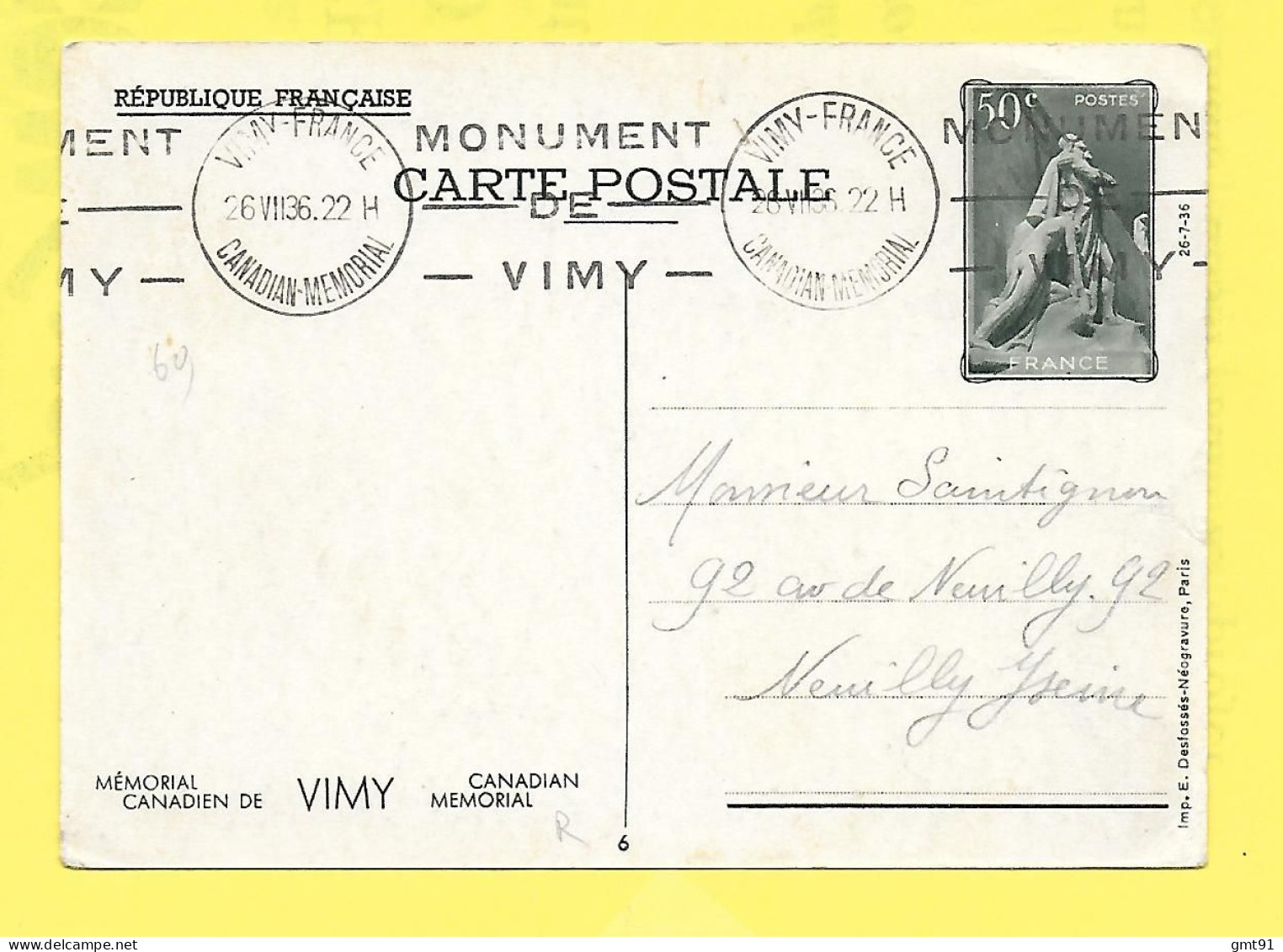 Entier Postal Mémorial Canadien De Vimy Oblitération Vimy France Canadian Memorial 1936 - Oblitérations Mécaniques (flammes)