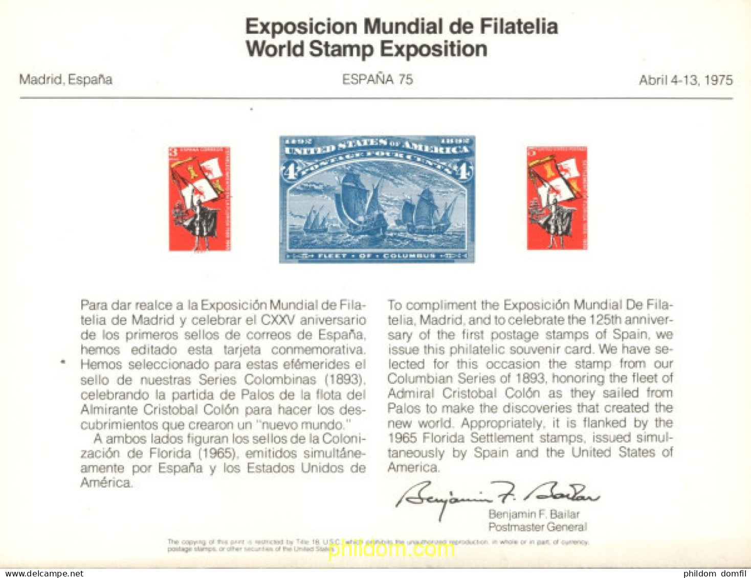 730810 MNH ESPAÑA Hojas Recuerdo 1975 EXPOSICION MUNDIAL DE FILATELIA - ESPAÑA-75 - Ungebraucht
