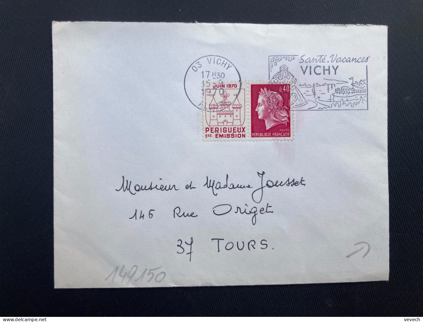 LETTRE TPYT 1643 M DE CHEFFER 0,40 VIGNETTE PERIGUEUX OBL.MEC.15-9 1970 03 VICHY ALLIER - Storia Postale